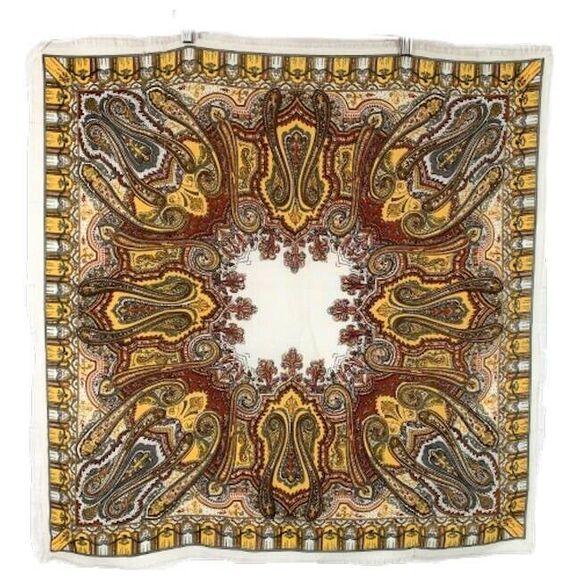 NEW Paisley Scarf Brown Gold Ivory Fringed Soft Semi Sheer Fall Made in ITALY - Picture 2 of 5